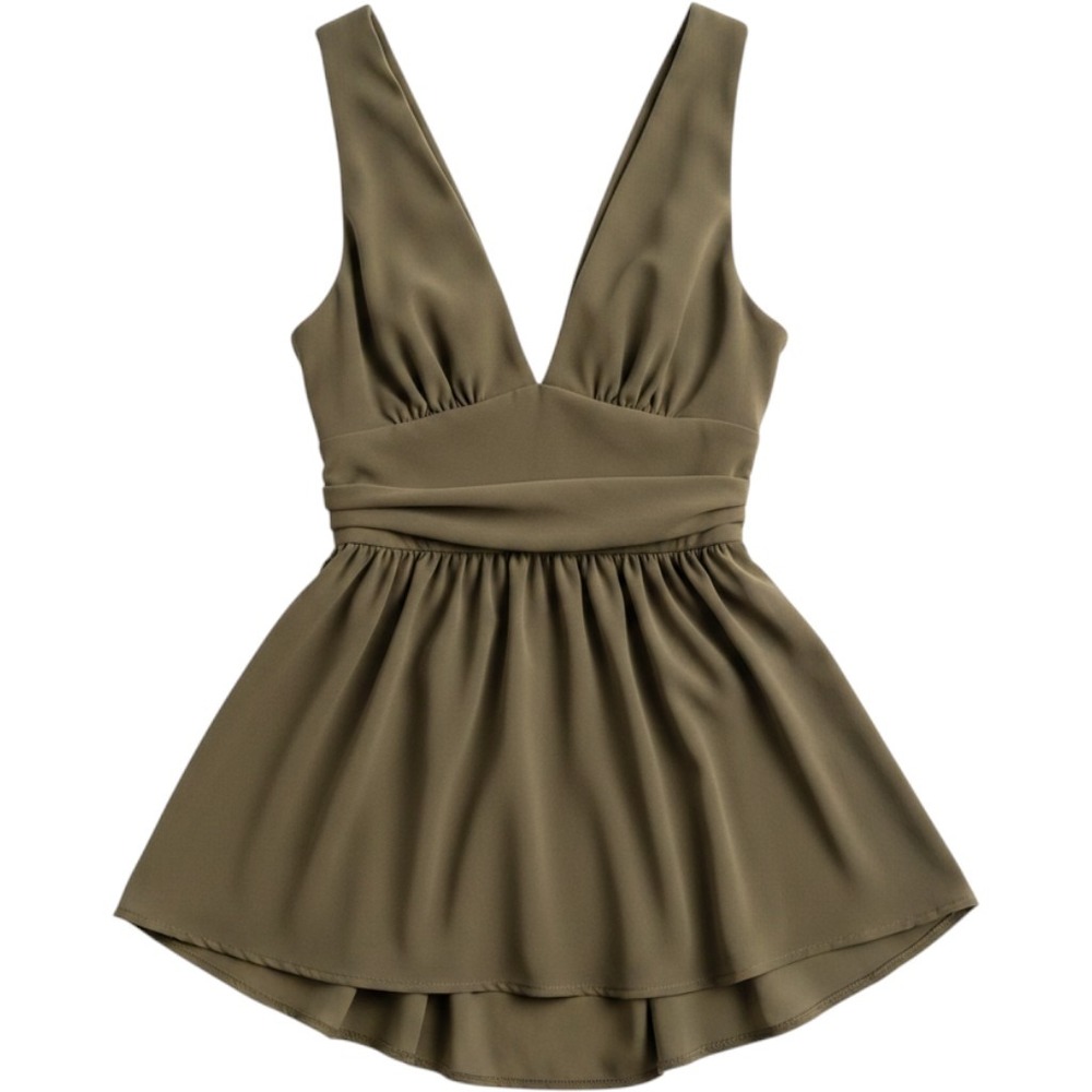 SHEIN Olive Green Deep V-Neck Sleeveless Babydoll dress13292535 Size Small